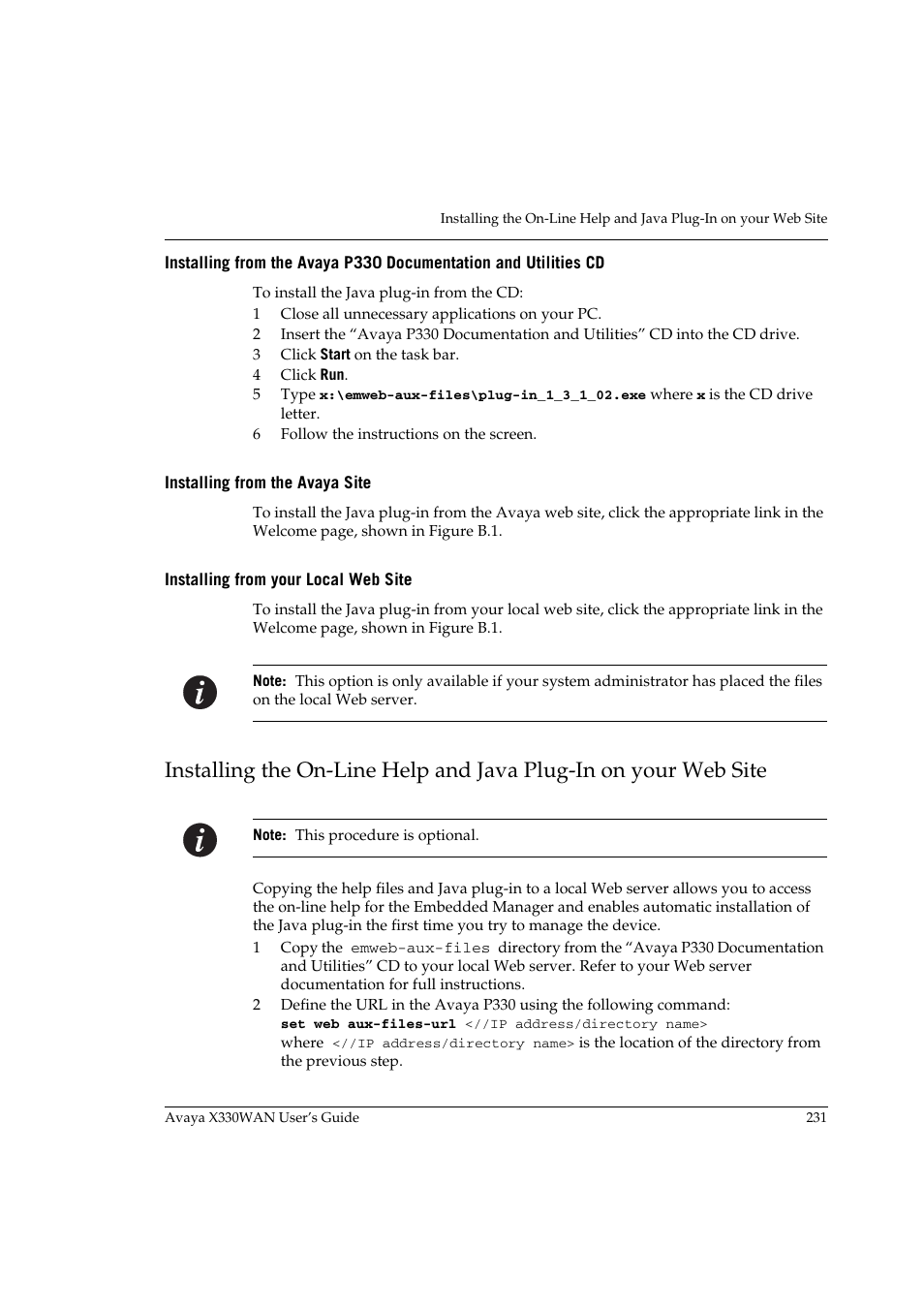 Installing from the avaya site, Installing from your local web site | Avaya X330WAN User Manual | Page 253 / 264