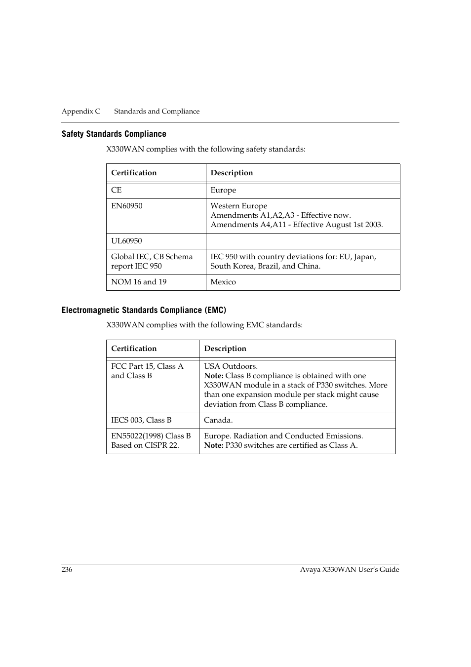 Safety standards compliance, Electromagnetic standards compliance (emc) | Avaya X330WAN User Manual | Page 258 / 264