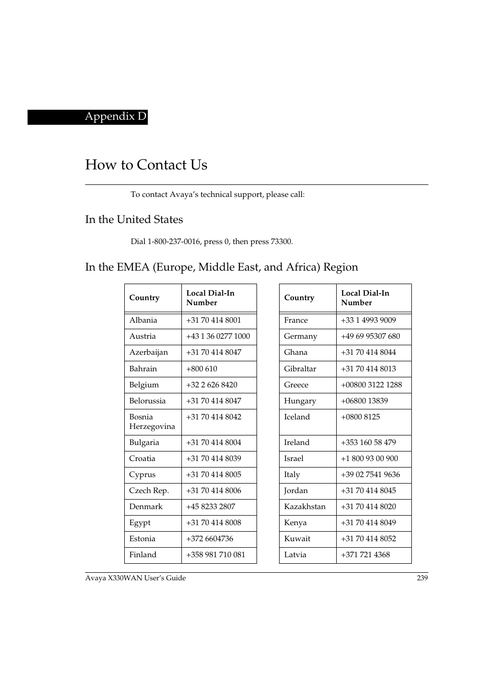 How to contact us, In the united states, Appendix d | Avaya X330WAN User Manual | Page 261 / 264