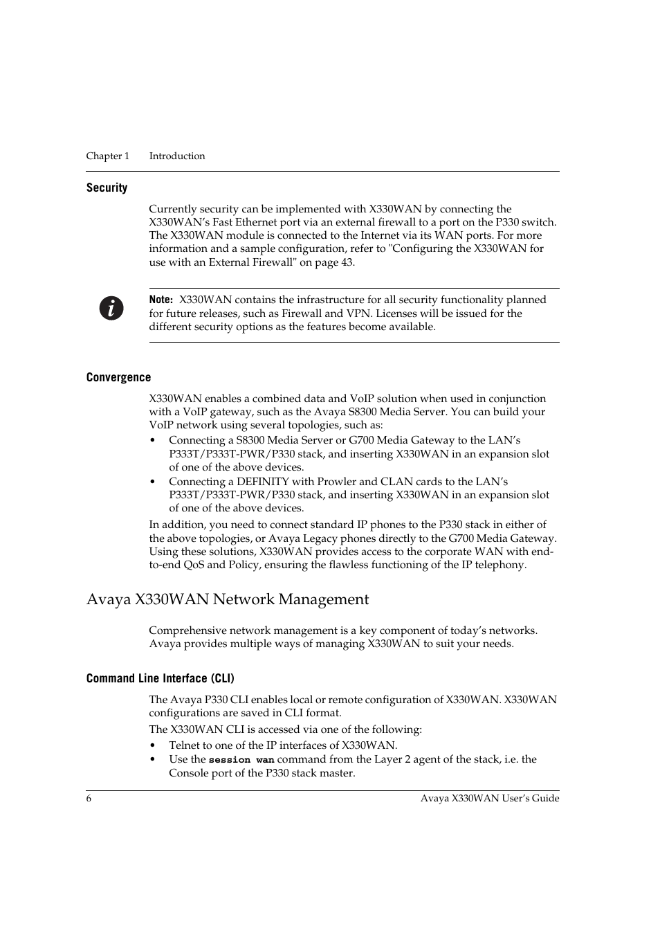 Security, Convergence, Avaya x330wan network management | Command line interface (cli), Security convergence, Describ | Avaya X330WAN User Manual | Page 28 / 264