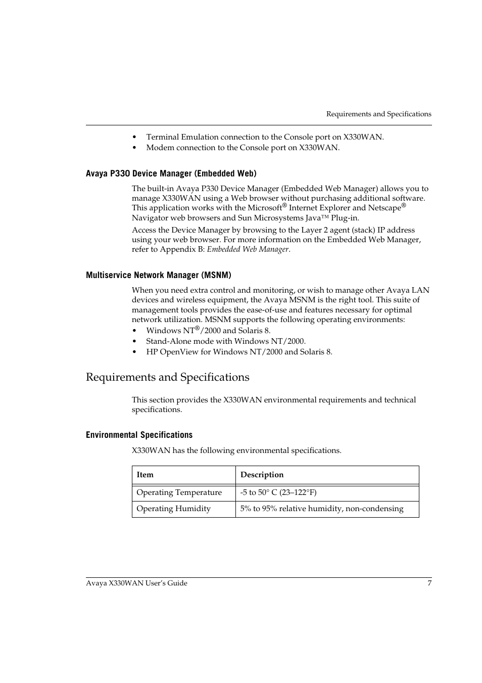 Avaya p330 device manager (embedded web), Multiservice network manager (msnm), Requirements and specifications | Environmental specifications | Avaya X330WAN User Manual | Page 29 / 264