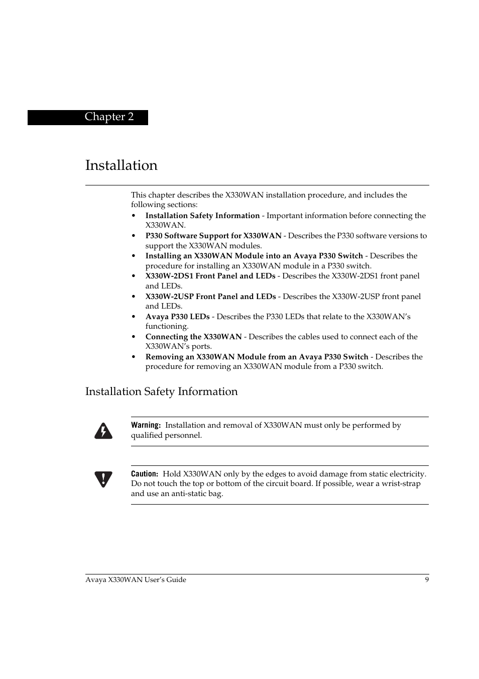 Installation, Installation safety information, Chapter 2 | Avaya X330WAN User Manual | Page 31 / 264