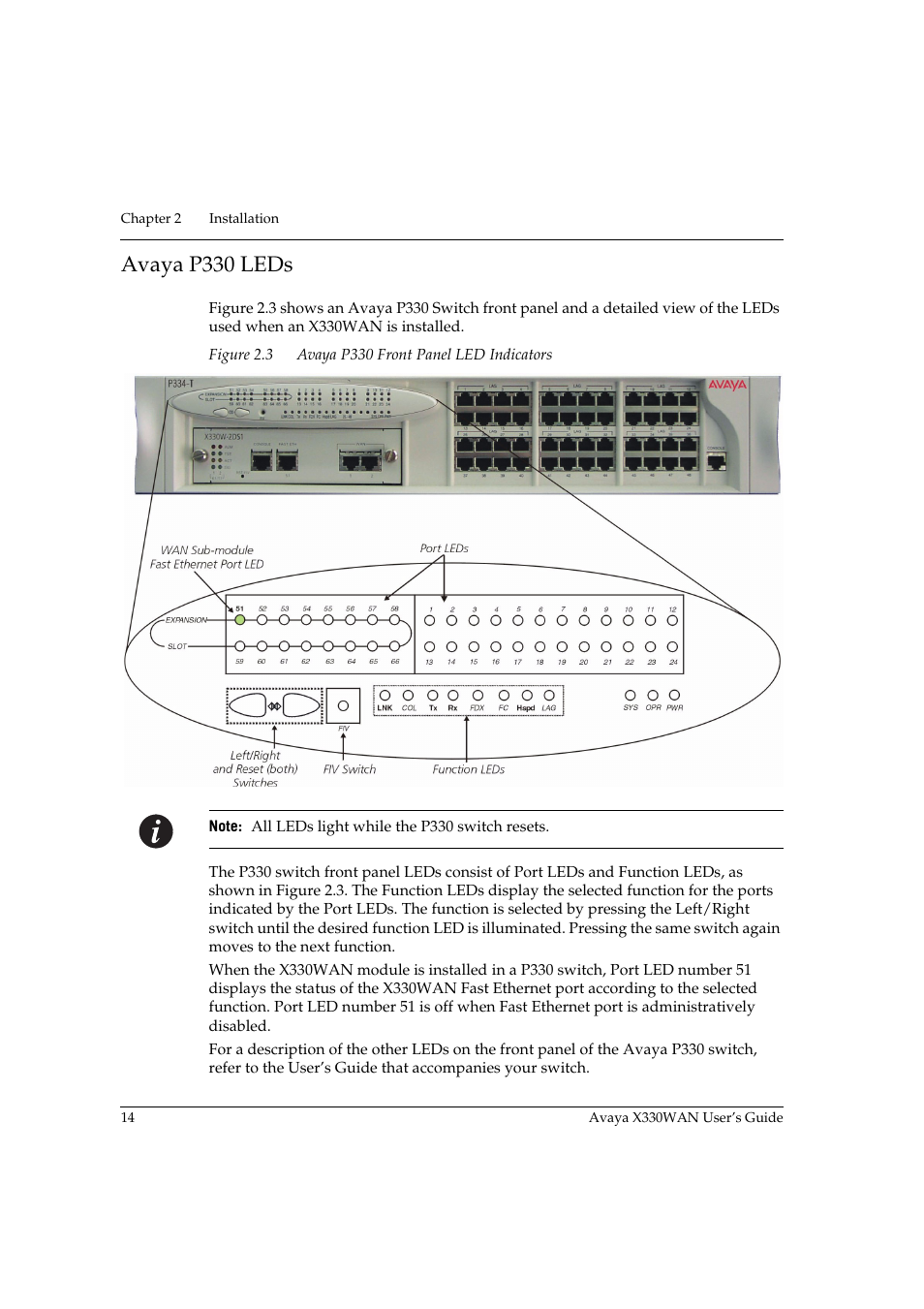 Avaya p330 leds, Figure 2.3, Avaya p330 front panel led indicators | Avaya X330WAN User Manual | Page 36 / 264