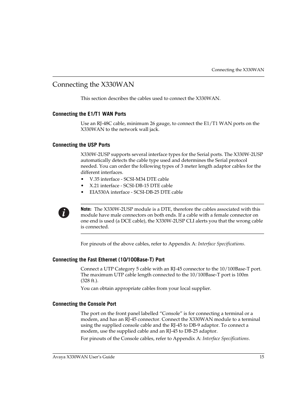 Connecting the x330wan, Connecting the e1/t1 wan ports, Connecting the usp ports | Connecting the fast ethernet (10/100base-t) port, Connecting the console port | Avaya X330WAN User Manual | Page 37 / 264