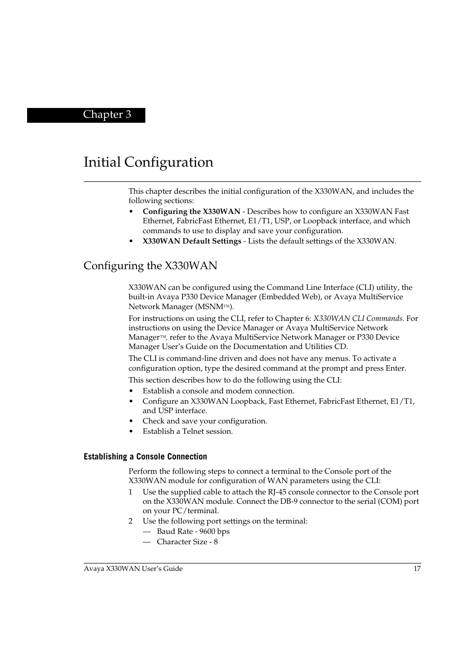 Initial configuration, Configuring the x330wan, Establishing a console connection | Chapter 3 | Avaya X330WAN User Manual | Page 39 / 264