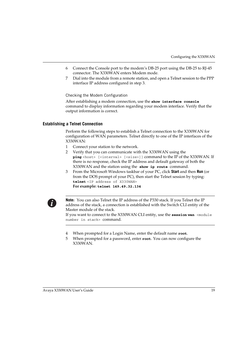 Checking the modem configuration, Establishing a telnet connection | Avaya X330WAN User Manual | Page 41 / 264