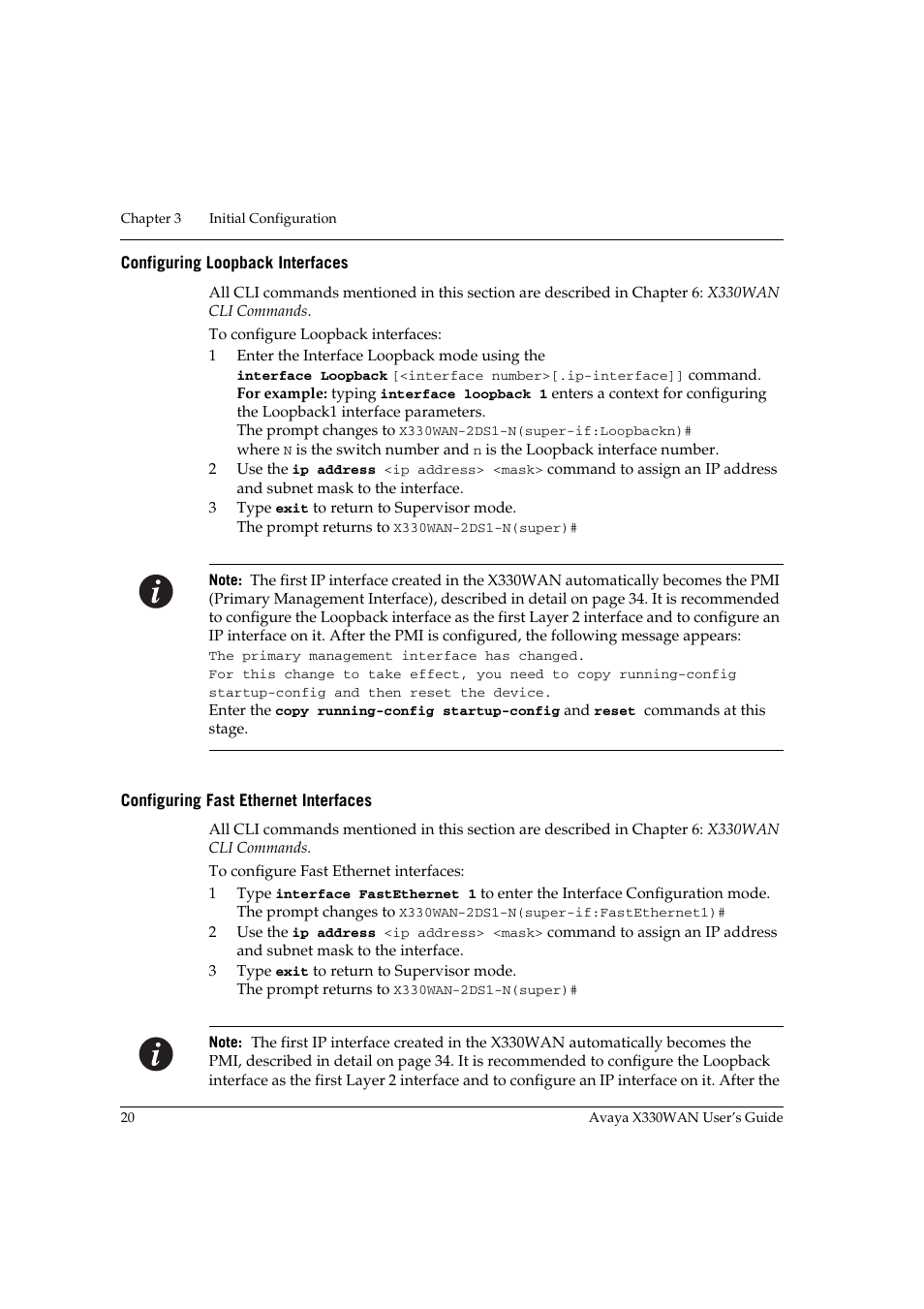 Configuring loopback interfaces, Configuring fast ethernet interfaces | Avaya X330WAN User Manual | Page 42 / 264