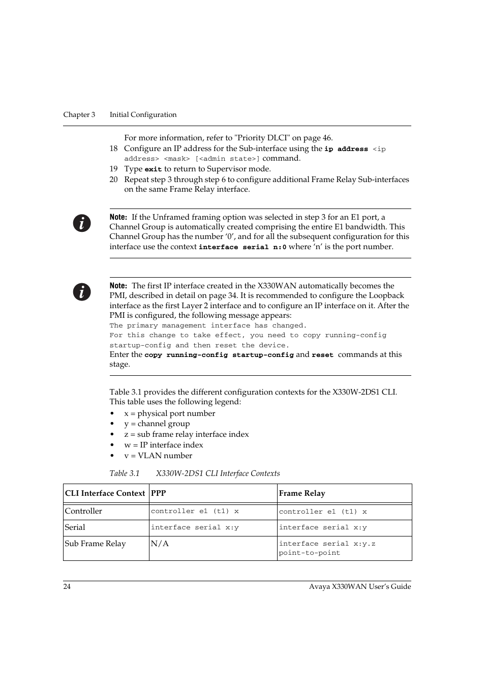 Table 3.1, X330w-2ds1 cli interface contexts | Avaya X330WAN User Manual | Page 46 / 264