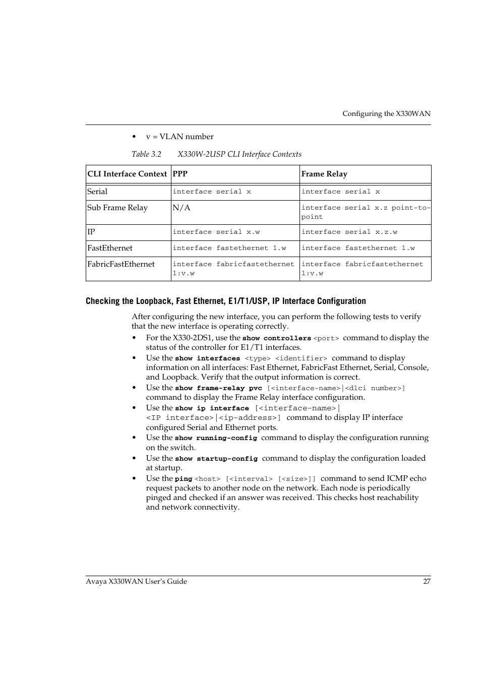 Uration, Table 3.2, X330w-2usp cli interface contexts | Avaya X330WAN User Manual | Page 49 / 264