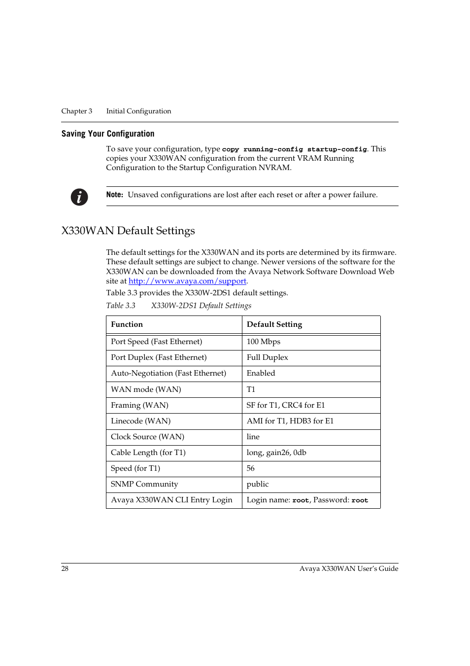 Saving your configuration, X330wan default settings, Table 3.3 | X330w-2ds1 default settings | Avaya X330WAN User Manual | Page 50 / 264