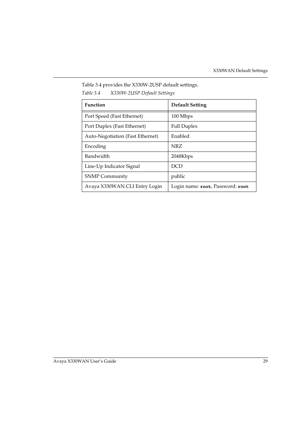 Table 3.4, X330w-2usp default settings | Avaya X330WAN User Manual | Page 51 / 264