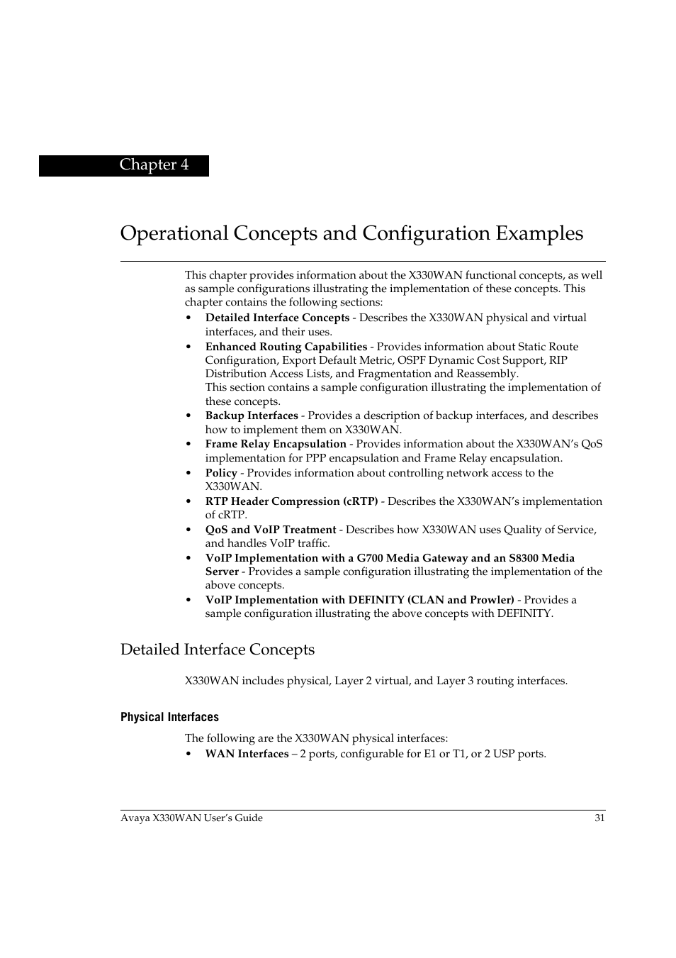 Operational concepts and configuration examples, Detailed interface concepts, Physical interfaces | Chapter 4 | Avaya X330WAN User Manual | Page 53 / 264