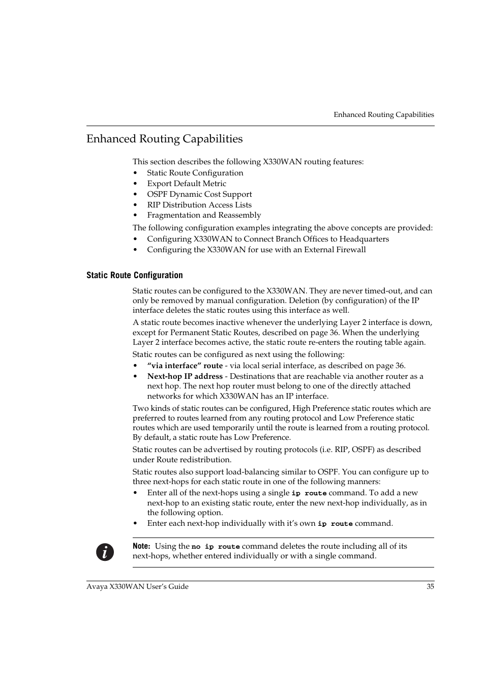 Enhanced routing capabilities, Static route configuration, Provides informat | Avaya X330WAN User Manual | Page 57 / 264