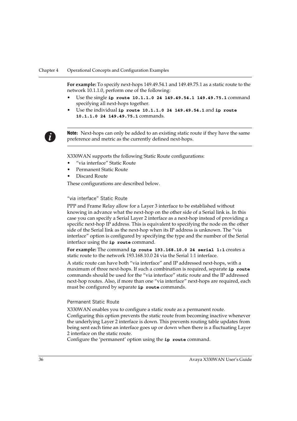 Via interface” static route, Permanent static route, Via interface” static route permanent static route | Ge 36 | Avaya X330WAN User Manual | Page 58 / 264