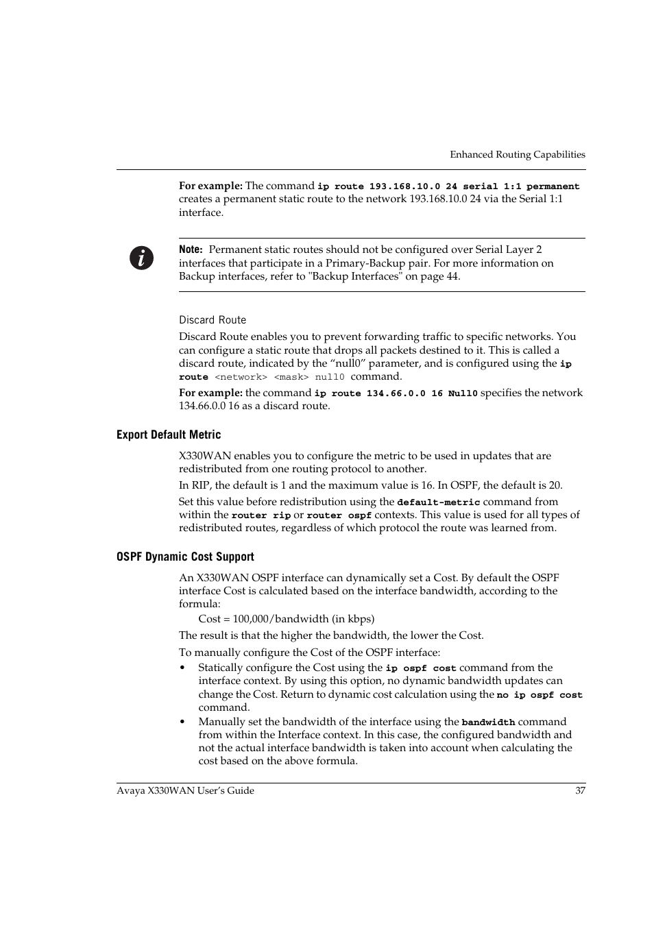 Discard route, Export default metric, Ospf dynamic cost support | Export default metric ospf dynamic cost support | Avaya X330WAN User Manual | Page 59 / 264