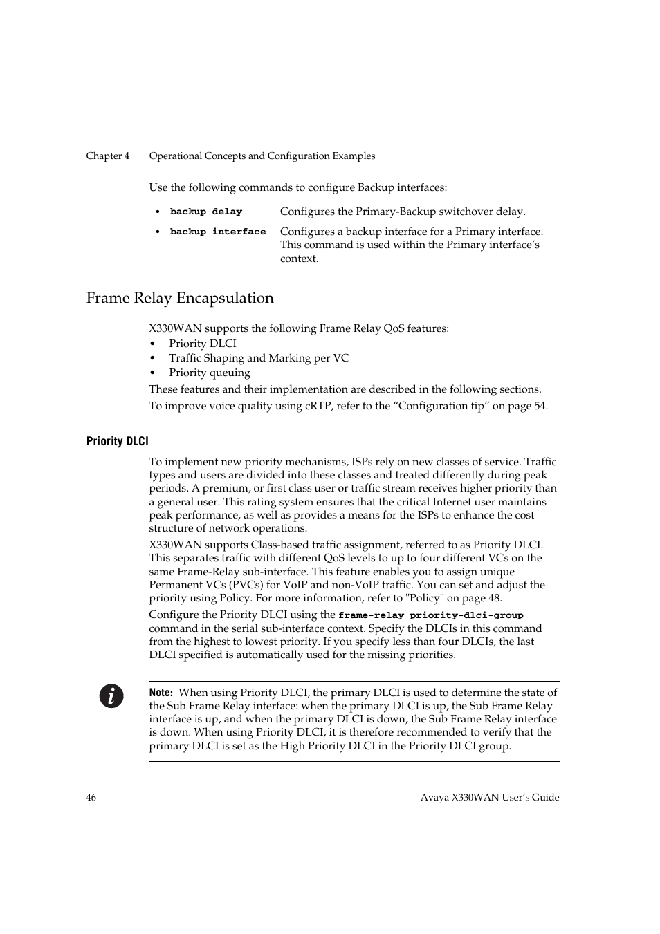 Frame relay encapsulation, Priority dlci | Avaya X330WAN User Manual | Page 68 / 264