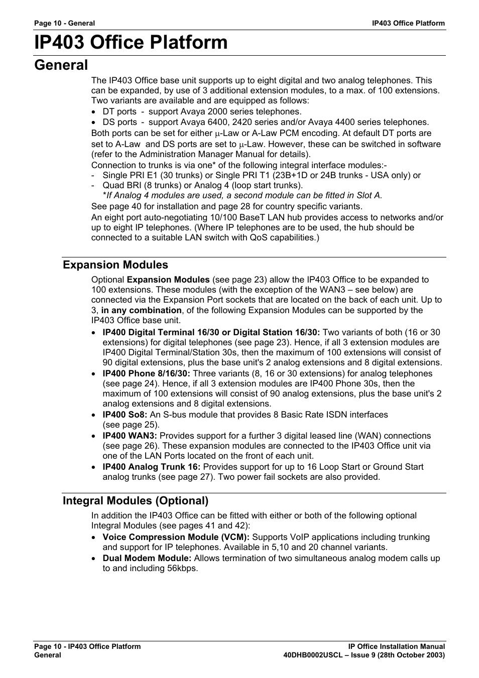 Ip403 office platform, General, Expansion modules | Integral modules (optional) | Avaya IP Office Phone User Manual | Page 10 / 86