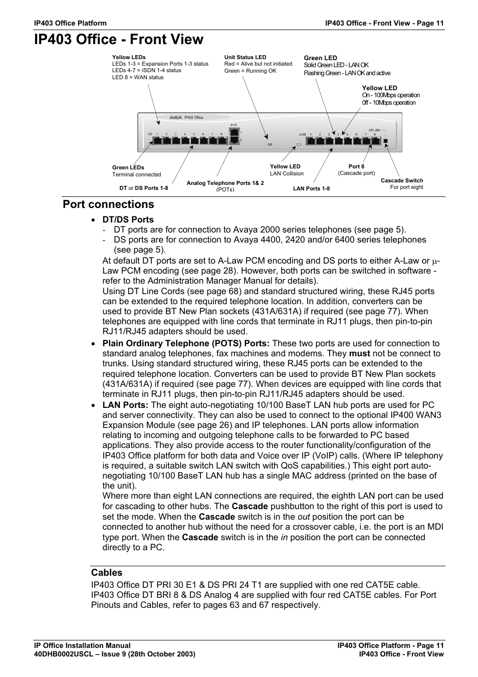 Ip403 office - front view, Port connections, Cables | Avaya IP Office Phone User Manual | Page 11 / 86