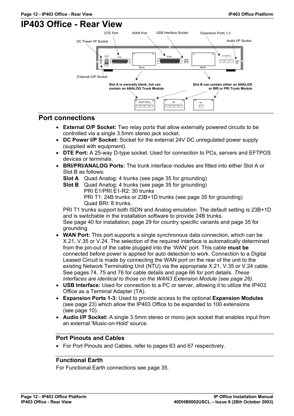 Ip403 office - rear view, Port connections, Port pinouts and cables | Functional earth, For functional earth connections see page 35 | Avaya IP Office Phone User Manual | Page 12 / 86