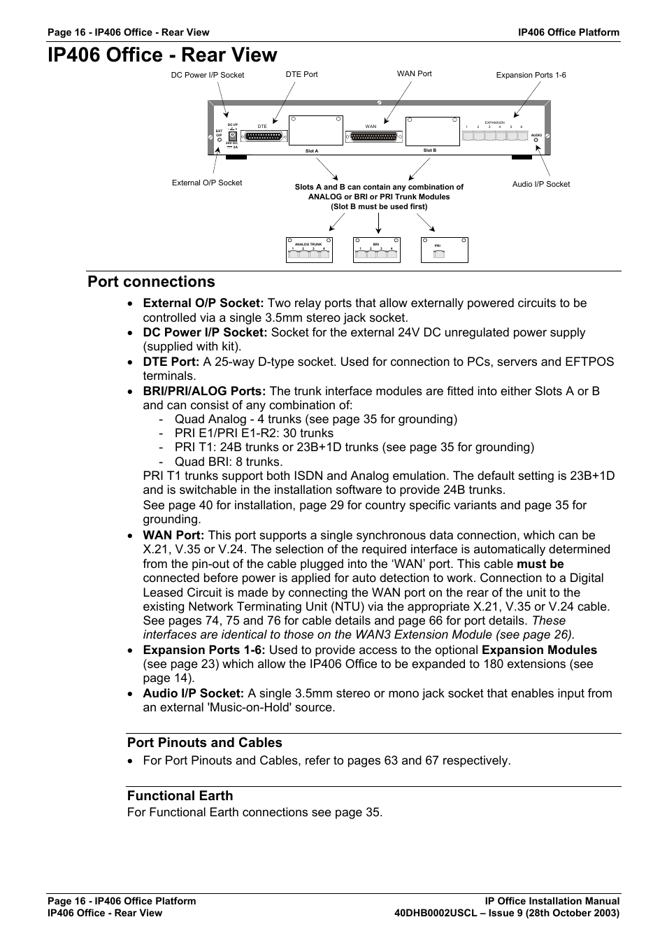 Ip406 office - rear view, Port connections, Port pinouts and cables | Functional earth, For functional earth connections see page 35 | Avaya IP Office Phone User Manual | Page 16 / 86