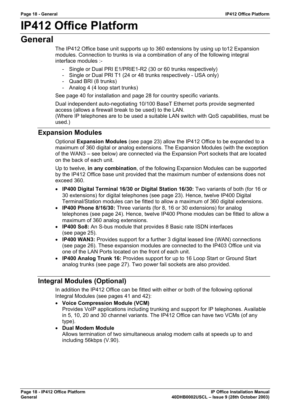 Ip412 office platform, General, Expansion modules | Integral modules (optional) | Avaya IP Office Phone User Manual | Page 18 / 86