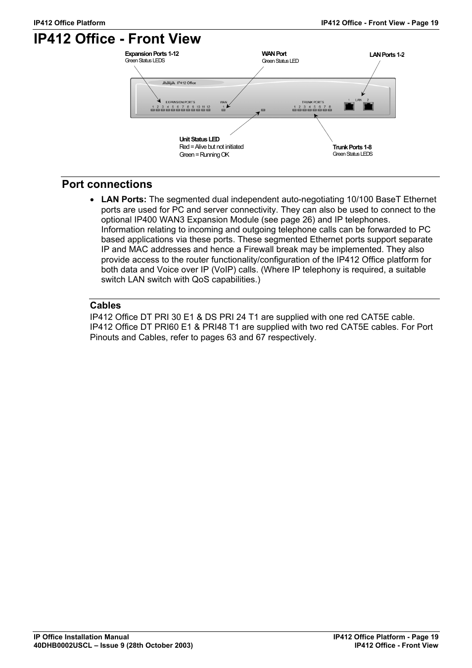 Ip412 office - front view, Port connections, Cables | Avaya IP Office Phone User Manual | Page 19 / 86