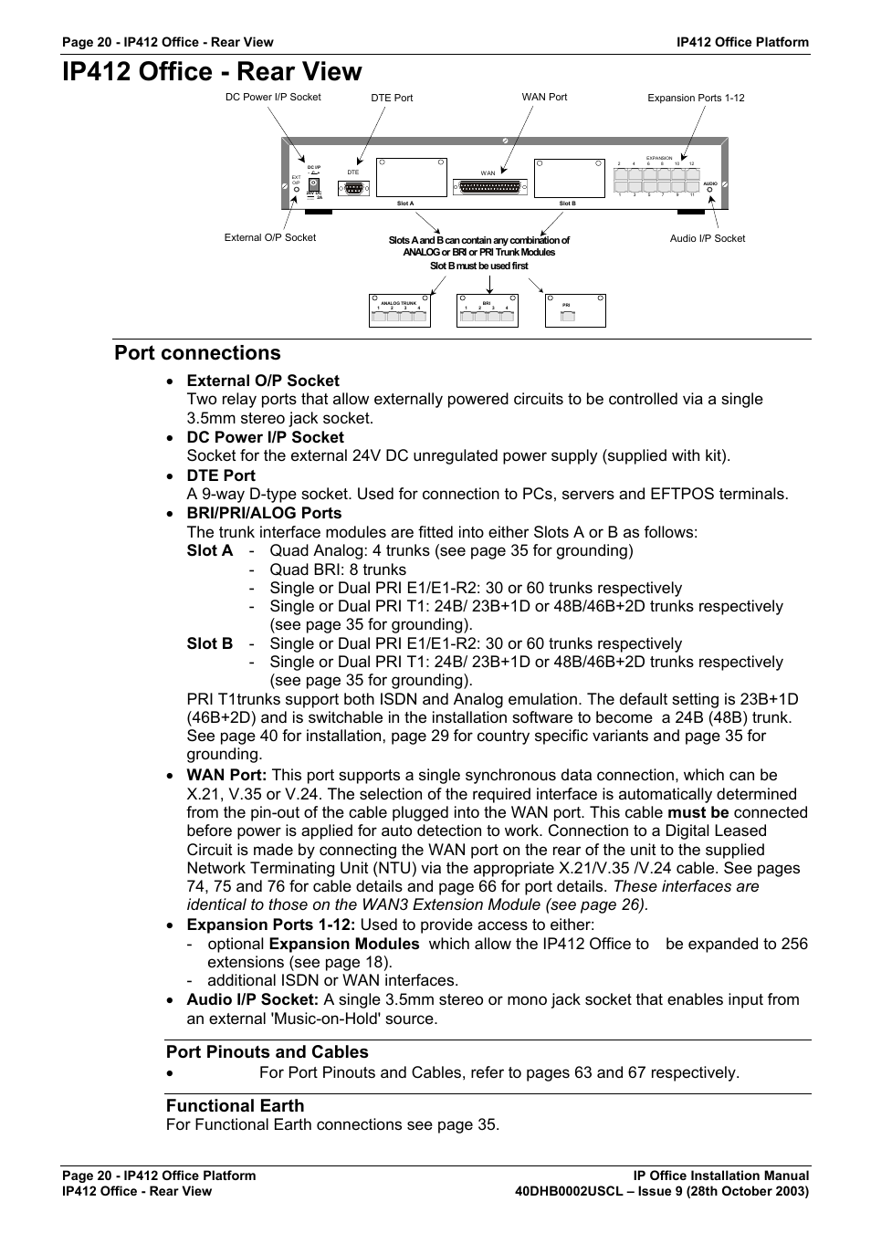 Ip412 office - rear view, Port connections, Port pinouts and cables | Functional earth, For functional earth connections see page 35 | Avaya IP Office Phone User Manual | Page 20 / 86