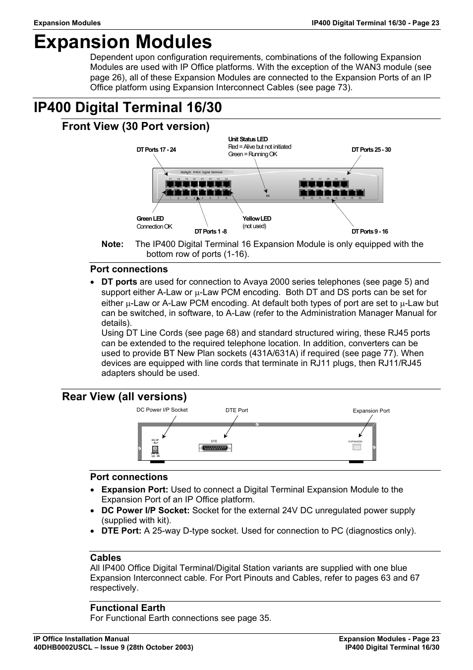 Expansion modules, Ip400 digital terminal 16/30, Front view (30 port version) | Port connections, Rear view (all versions), Cables, Functional earth | Avaya IP Office Phone User Manual | Page 23 / 86