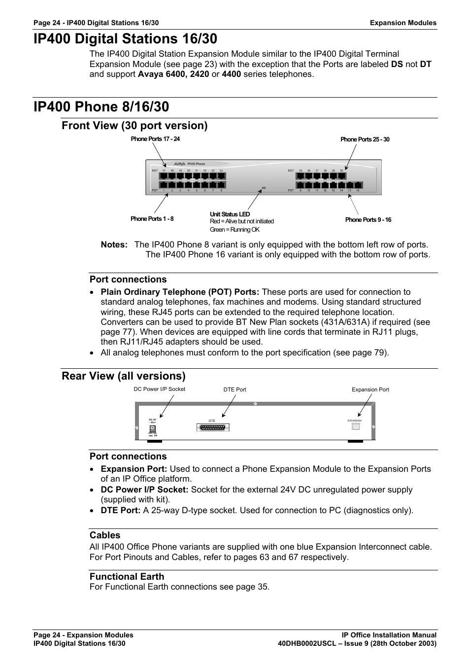 Ip400 digital stations 16/30, Ip400 phone 8/16/30, Front view (30 port version) | Port connections, Rear view (all versions), Cables, Functional earth | Avaya IP Office Phone User Manual | Page 24 / 86