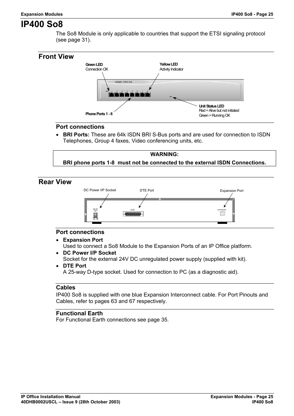 Ip400 so8, Front view, Port connections | Rear view, Cables, Functional earth | Avaya IP Office Phone User Manual | Page 25 / 86