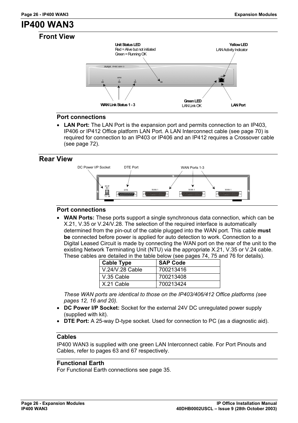 Ip400 wan3, Front view, Port connections | Rear view, Cables, Functional earth | Avaya IP Office Phone User Manual | Page 26 / 86