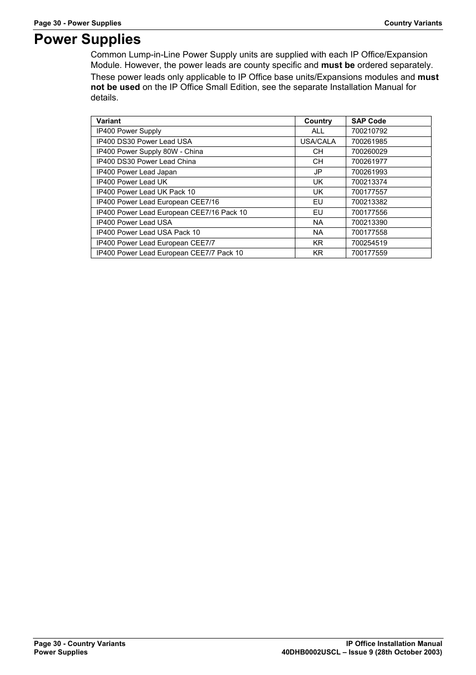 Power supplies | Avaya IP Office Phone User Manual | Page 30 / 86