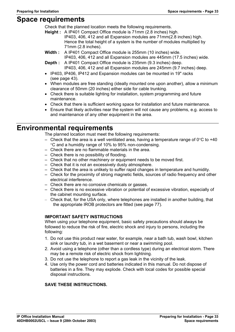 Space requirements, Environmental requirements | Avaya IP Office Phone User Manual | Page 33 / 86