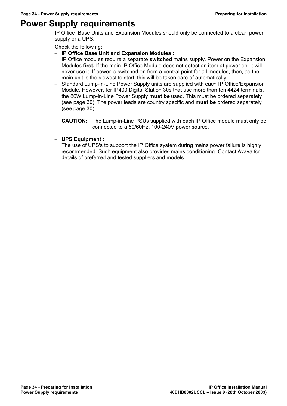 Power supply requirements, Power supply requirements on 34 | Avaya IP Office Phone User Manual | Page 34 / 86