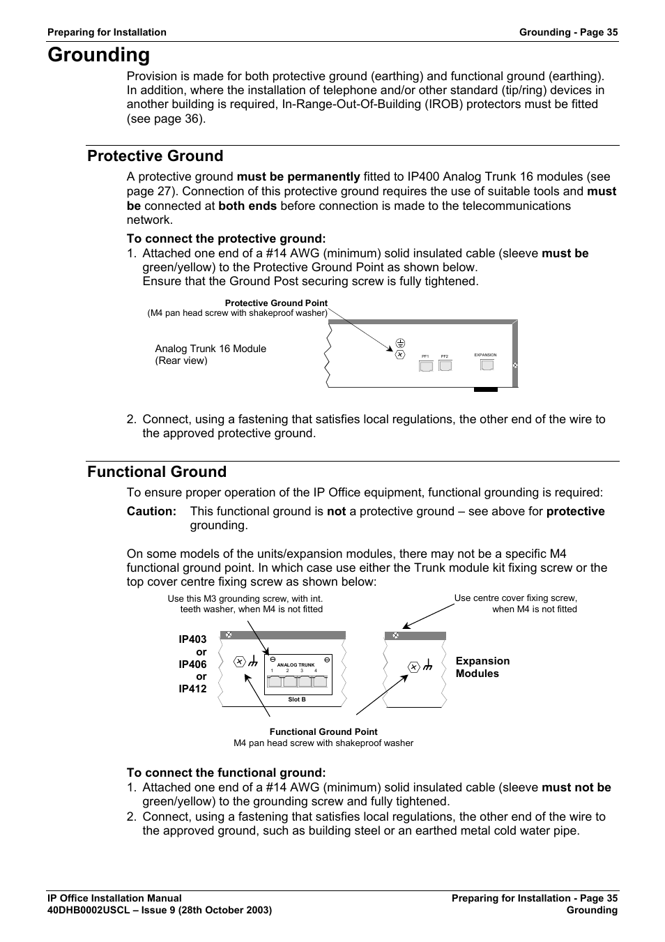 Grounding, Protective ground, Functional ground | Avaya IP Office Phone User Manual | Page 35 / 86