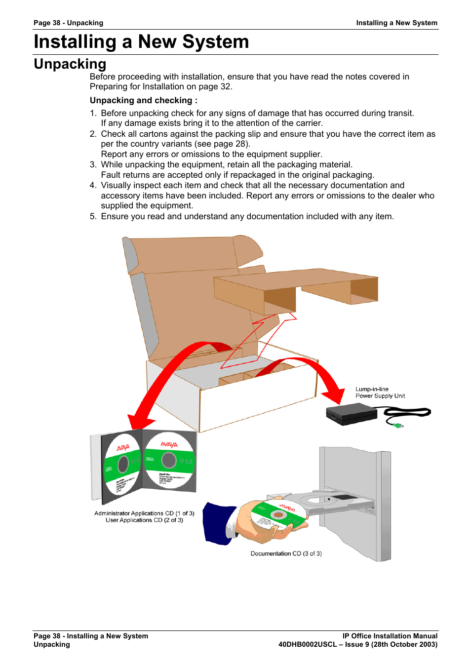 Installing a new system, Unpacking | Avaya IP Office Phone User Manual | Page 38 / 86