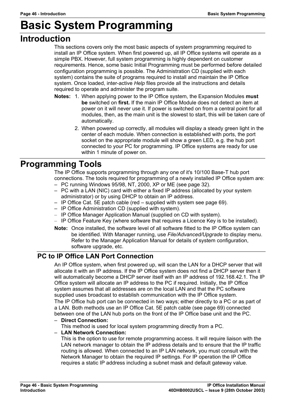 Basic system programming, Introduction, Programming tools | Pc to ip office lan port connection | Avaya IP Office Phone User Manual | Page 46 / 86