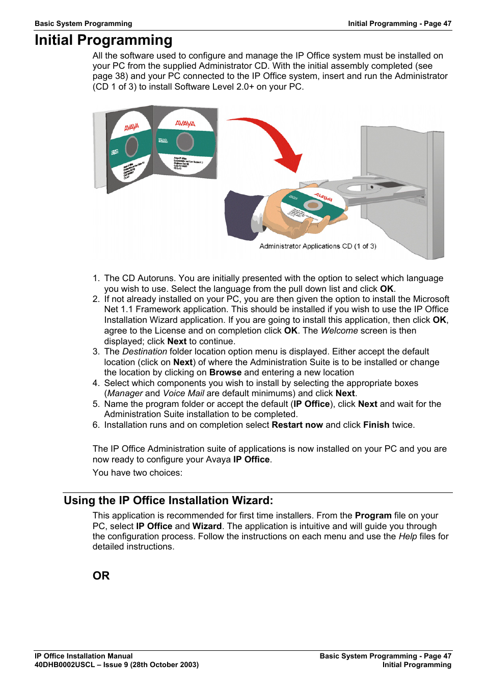 Initial programming, Using the ip office installation wizard | Avaya IP Office Phone User Manual | Page 47 / 86