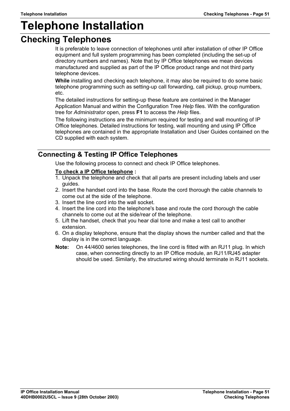 Telephone installation, Checking telephones, Connecting & testing ip office telephones | Avaya IP Office Phone User Manual | Page 51 / 86