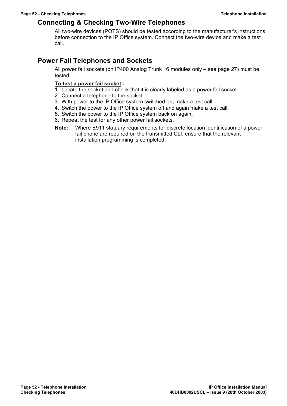 Connecting & checking two-wire telephones, Power fail telephones and sockets | Avaya IP Office Phone User Manual | Page 52 / 86