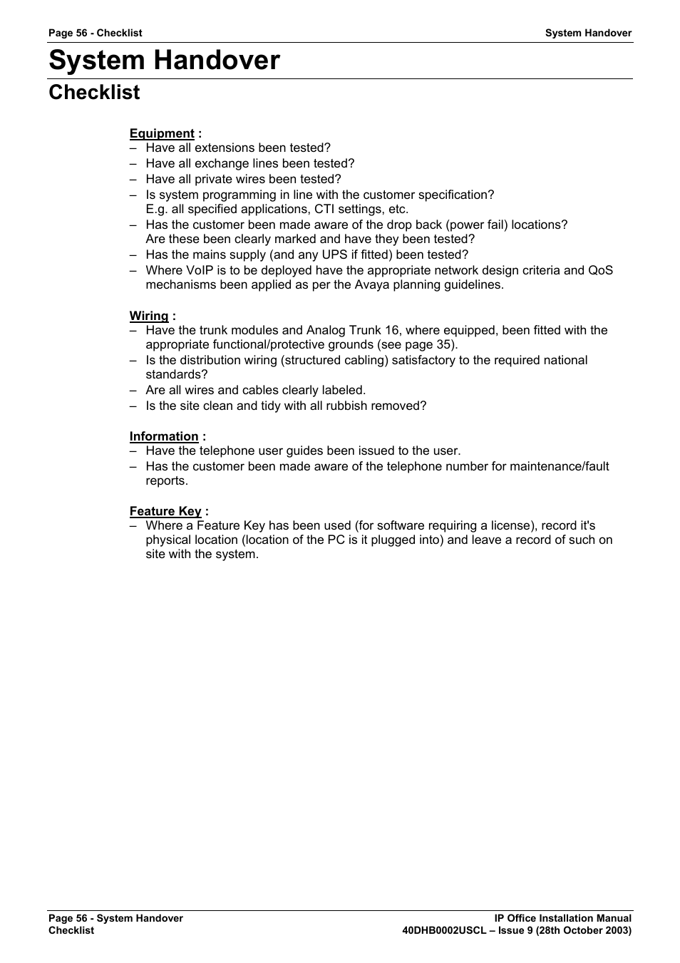 System handover, Checklist | Avaya IP Office Phone User Manual | Page 56 / 86