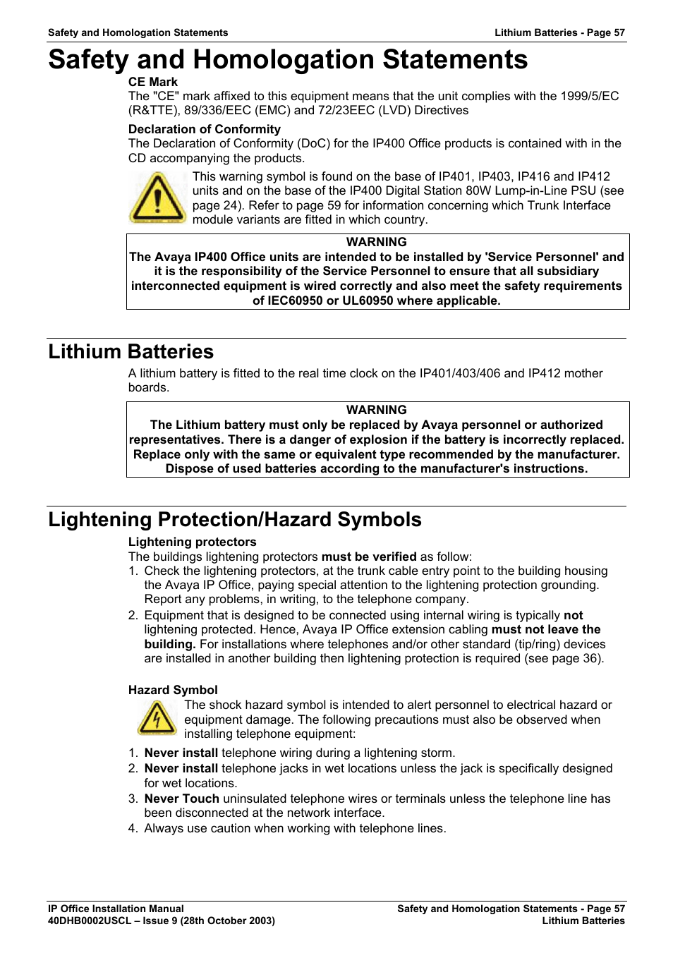 Safety and homologation statements, Lithium batteries, Lightening protection/hazard symbols | Avaya IP Office Phone User Manual | Page 57 / 86