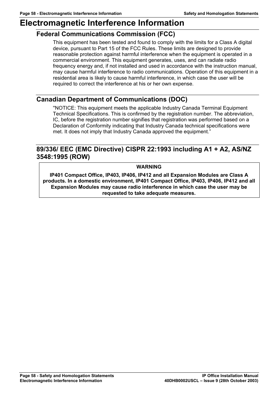 Electromagnetic interference information, Federal communications commission (fcc), Canadian department of communications (doc) | Avaya IP Office Phone User Manual | Page 58 / 86