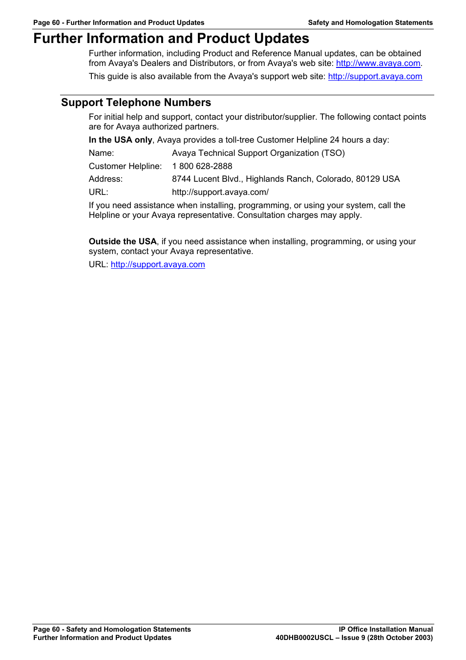 Further information and product updates, Support telephone numbers | Avaya IP Office Phone User Manual | Page 60 / 86