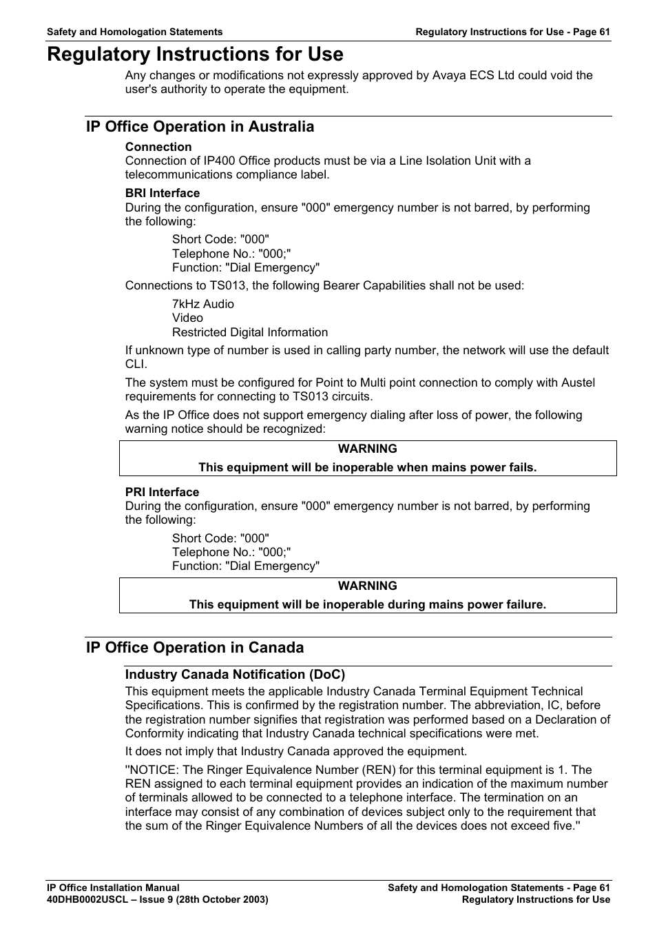 Regulatory instructions for use, Ip office operation in australia, Ip office operation in canada | Industry canada notification (doc) | Avaya IP Office Phone User Manual | Page 61 / 86