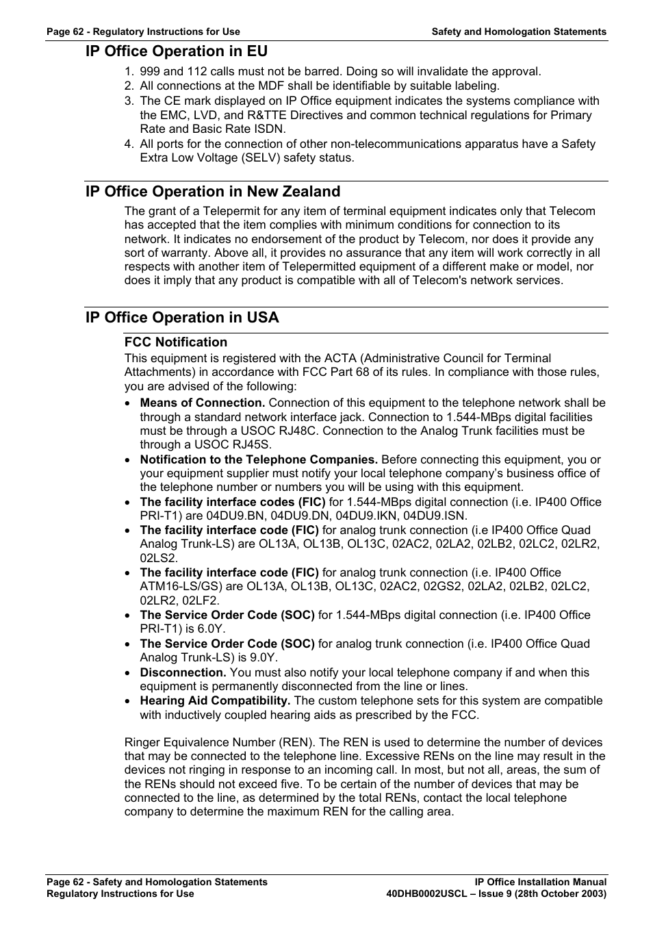 Ip office operation in eu, Ip office operation in new zealand, Ip office operation in usa | Fcc notification | Avaya IP Office Phone User Manual | Page 62 / 86