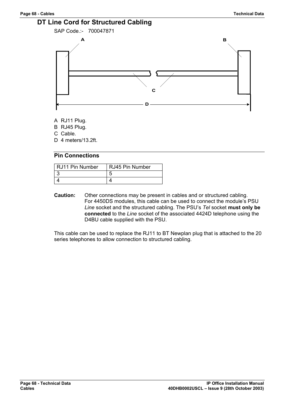 Dt line cord for structured cabling, Pin connections | Avaya IP Office Phone User Manual | Page 68 / 86