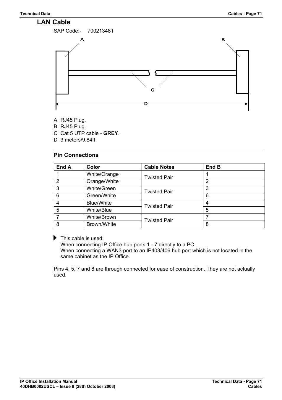 Lan cable, Pin connections | Avaya IP Office Phone User Manual | Page 71 / 86