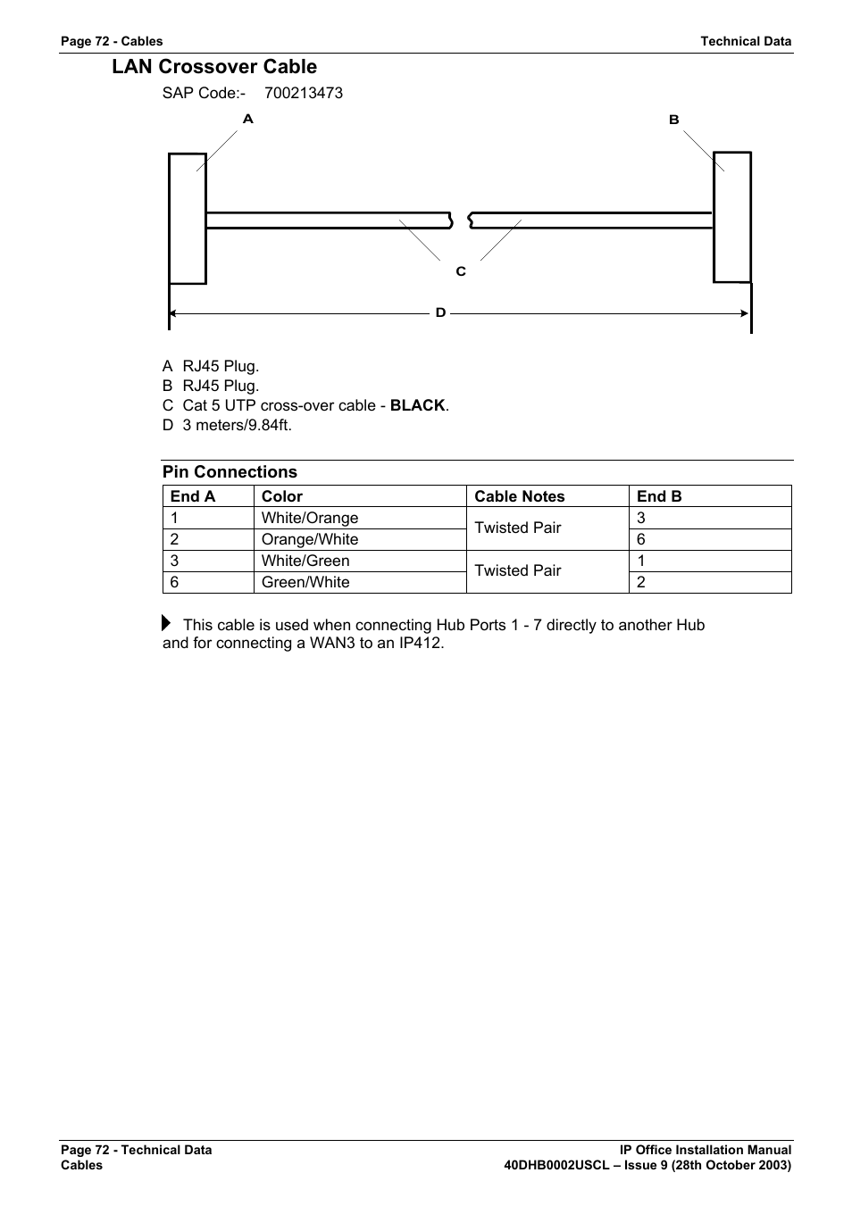 Lan crossover cable, Pin connections | Avaya IP Office Phone User Manual | Page 72 / 86