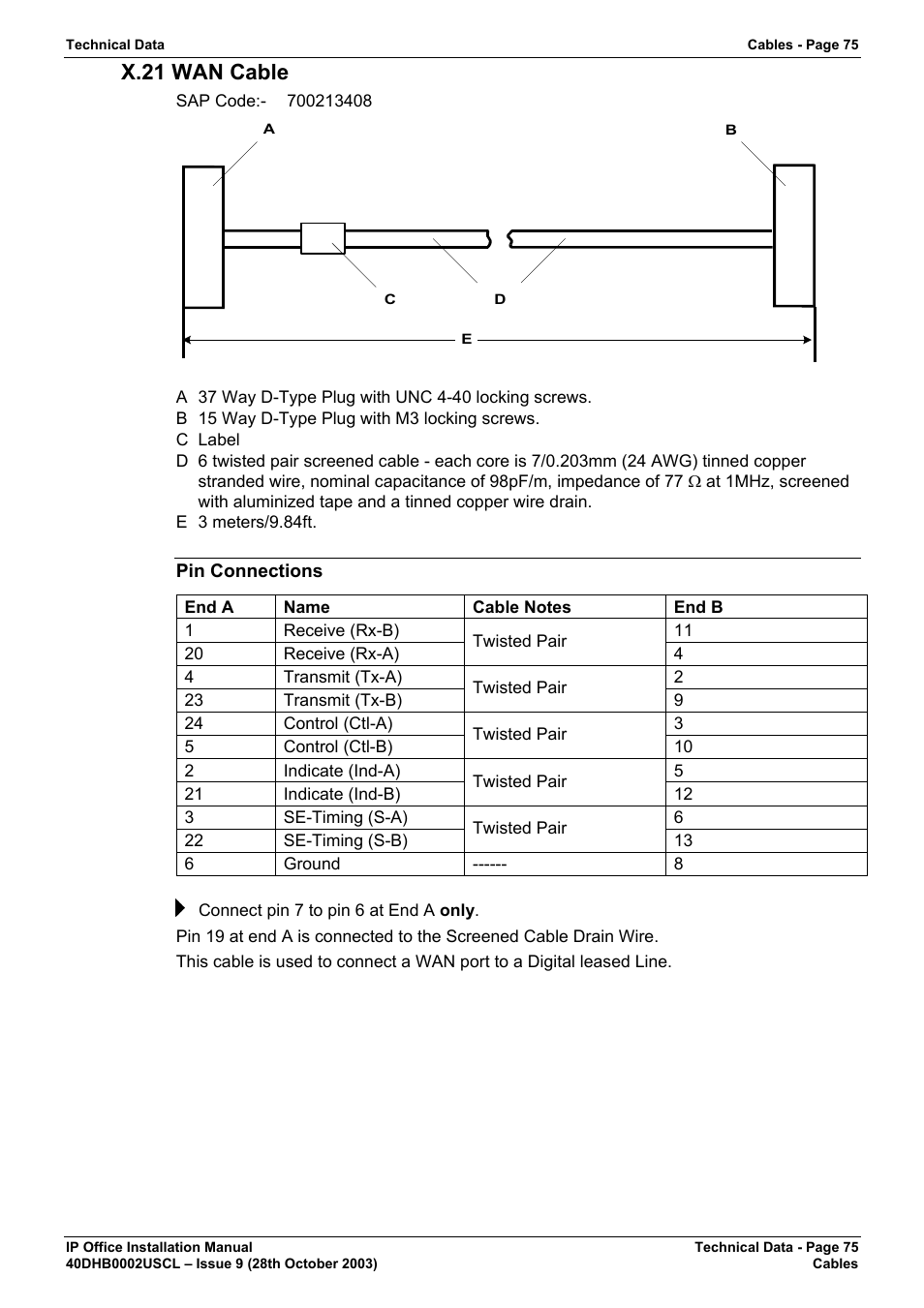 X.21 wan cable, Pin connections | Avaya IP Office Phone User Manual | Page 75 / 86